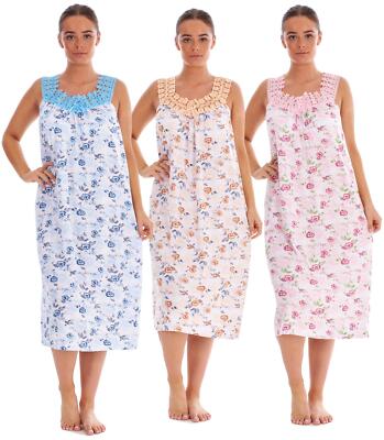 New Ladies Floral Nightdress 100% Cotton V-Neck Lace Strap Long Nightwear Mto3XL