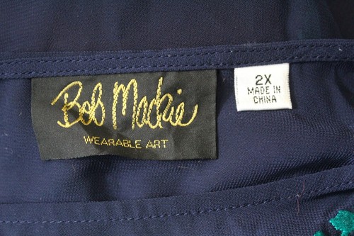 Bob Mackie Caftan Shirt Womens 2X Aqua Embroidered Navy Poly Chiffon Scoop Neck - Picture 3 of 5
