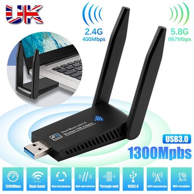UK 1300Mbps 5GHz Wireless WiFi Netzwerk Empfänger Adapter USB 3.0 Dual Band Dongle