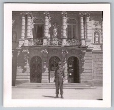Vtg B&W Snapshot Soldier in Uniform Standing Before Ornate Architecture 1940s