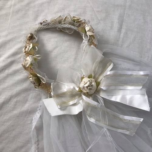 Bridal Crown Headpiece Pearl Flowers Long Lace Double Veil Floral Cottage Core - Picture 2 of 13
