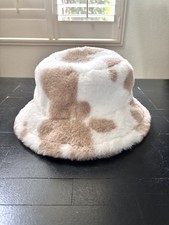 Winter Faux Fur Bucket Hat Fluffy Warm One Size Cow Print White Khaki