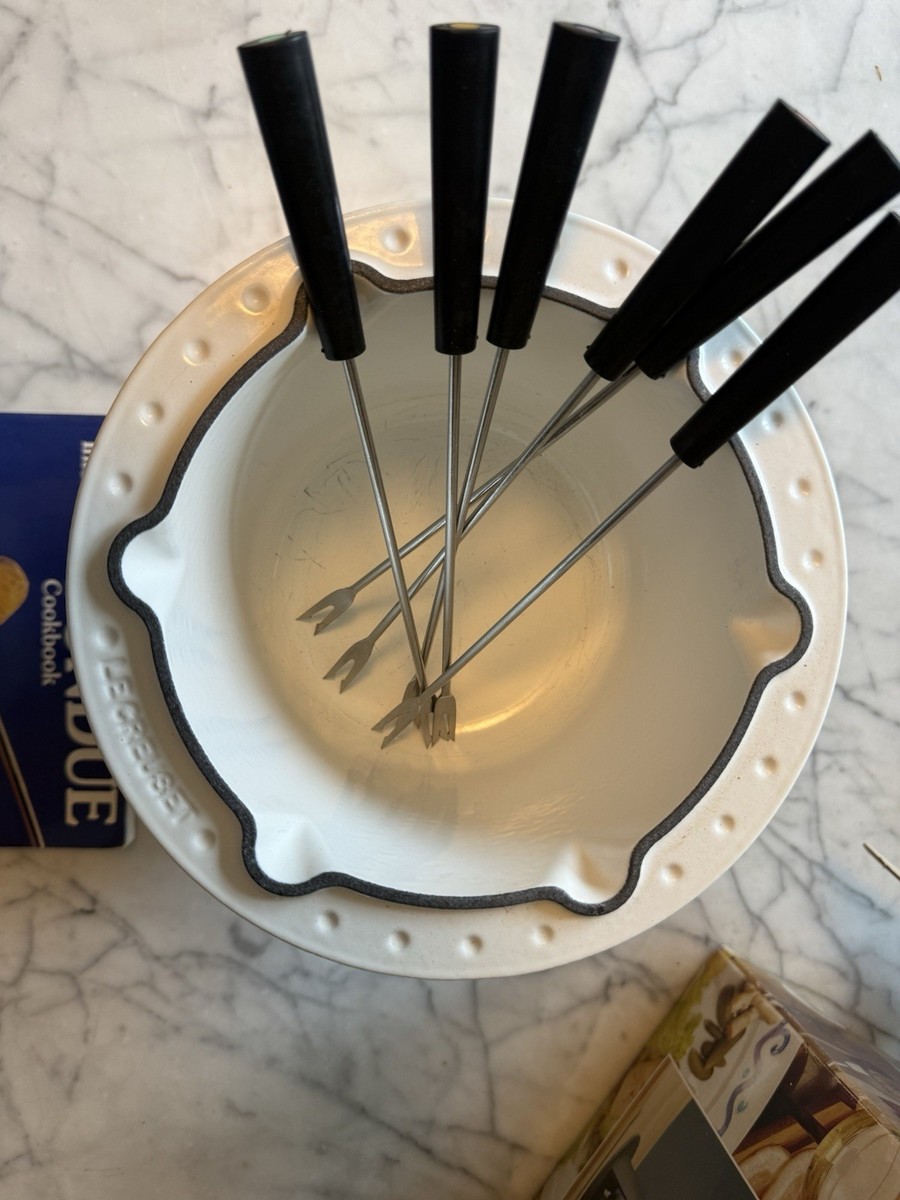 Vintage Le Creuset Table Top Fondue Set Compact White Enameled