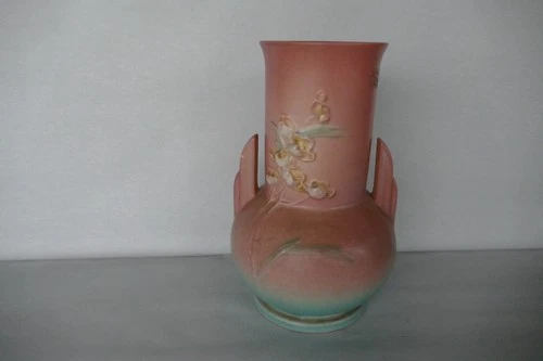 antique Roseville pottery 1937 art deco Ixia 857 - 8 pink flower vase