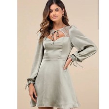 Lulus Sage Green Satin Lace Yoke Long Sleeve Mini Dress XL NWT Holiday Party