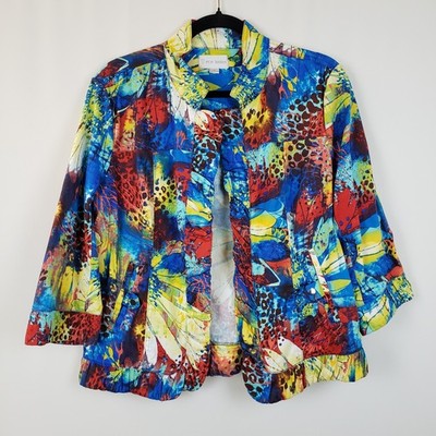 Erin London Jacket M Open Ruffle Front 3/4 Sleeve Cotton Colorful Art To Wear