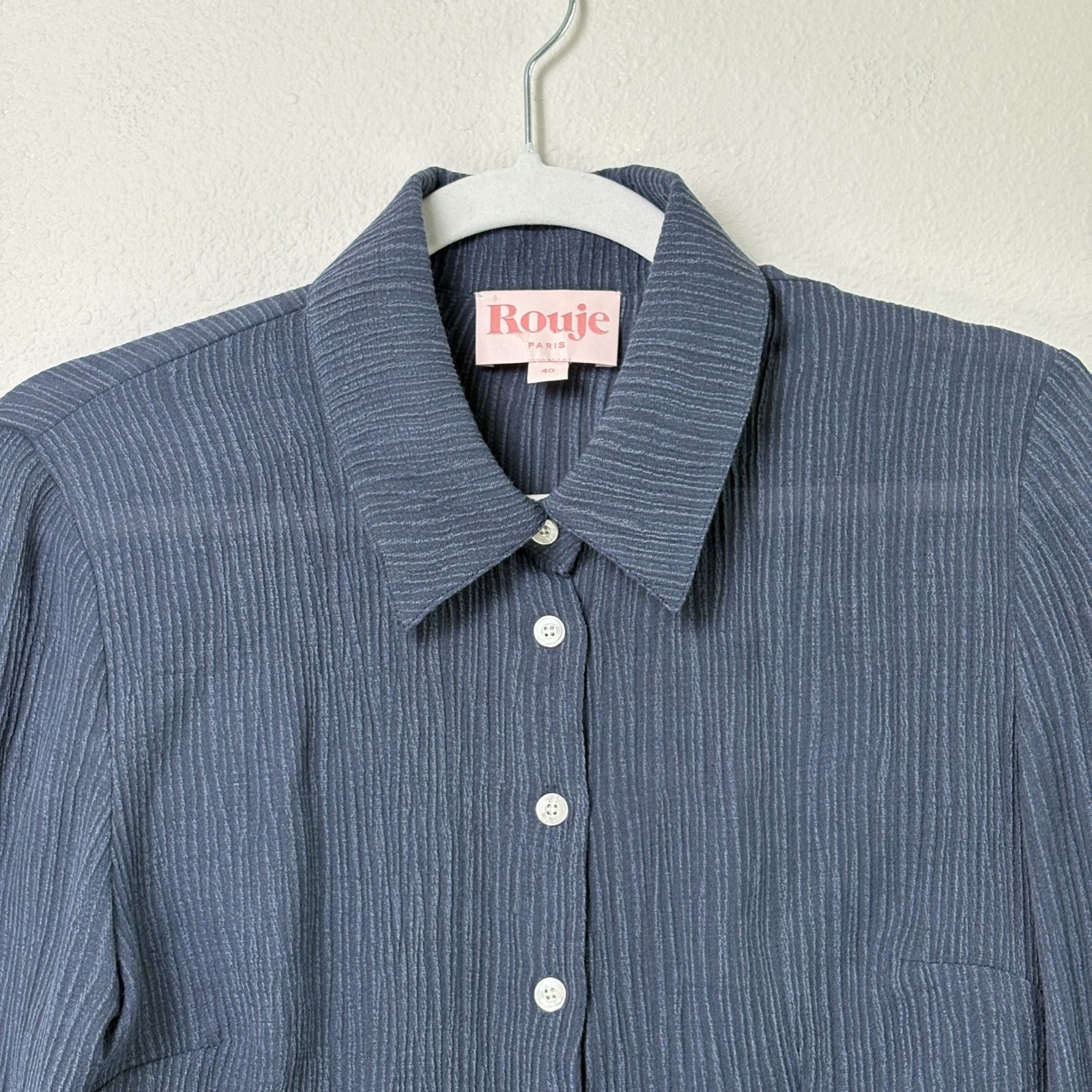 Rouje Paris Palmyra Button Front Top Size 40 US 8 Blue Crinkle Long Sleeve Shirt