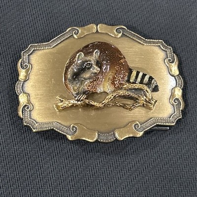 Vintage Raintree 1970s 3d - Racoon on Belt Buckle 1977 1978 Gold Tone