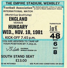 TICKET: ENGLAND v Hungary (World Cup Qualifier) 1981 - EXCELLENT