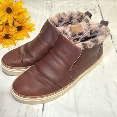 TOMS Leather Faux Fur Leopard Boots 6 Brown Winter Cozy Chic Boho Casual Shoes