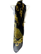 Large Vintage Sheer Gold Chain Print Scarf Navy Blue Y2k Luxury Glam Hip Hop