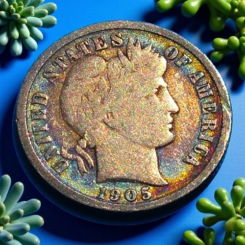 1905-S Barber 10c Dime – Rare Key Date with Natural Rainbow Toning