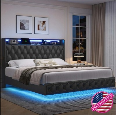 Queen Size Floating Leather Upholstered Metal Bed, LED Lights, Charging Station 