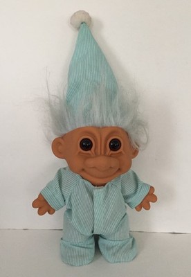 Vintage 90s Russ Bedtime Troll Doll - Blue Pajamas, Nightcap & Foot Sticker