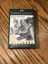 Faber Castell Pitt Artist Pens, Black India Ink, 8 Piece Set, Assorted Sizes
