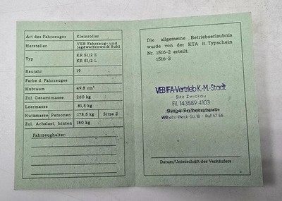 Simson Registration Certificate Papers DDR KR51/2 E L 1516-2 / -3 Optional m stamp