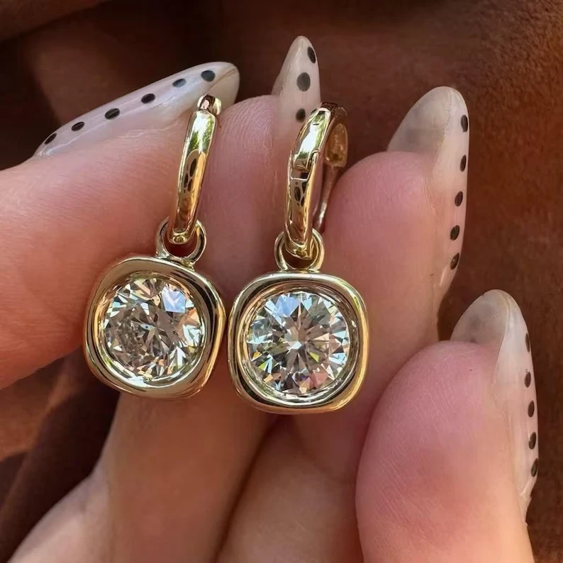 2.00Ct Round-Cut G/VS1 Lab Grown Diamond Dangle Drop Earrings 14k Yellow Gold - Image 2 of 3