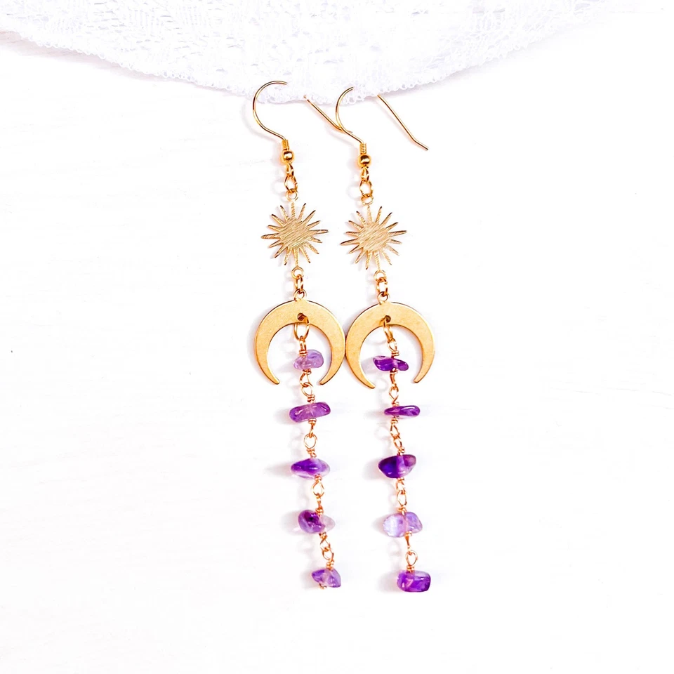 Pendientes colgantes largos de piedras preciosas amatista luna y estrella, fuerza, estabilidad Foto 2 de 4