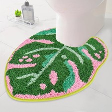 Pink Green Palm Leaf Bathroom Rug U Shaped Tropical Toilet Bath Mat Washable