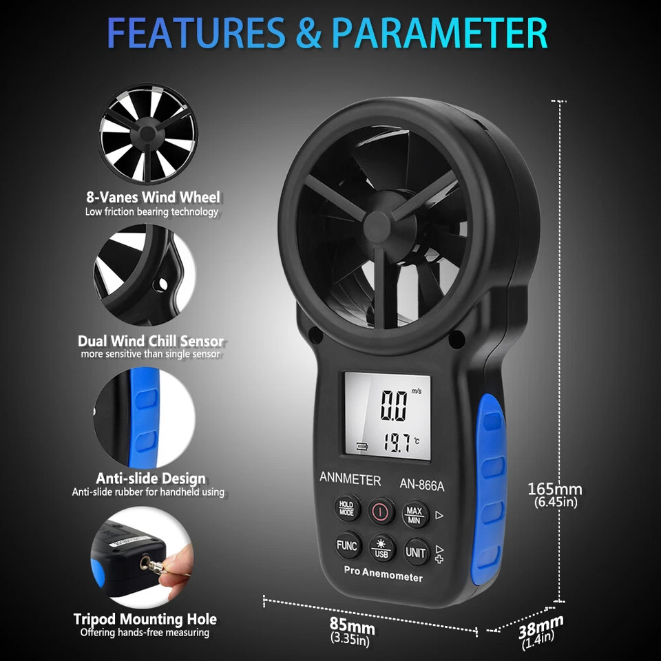 Wind Speed Anemometer Digital Meter Air Flow Gauge 0.3~40m/s Computer Dew Point - Image 2 of 4