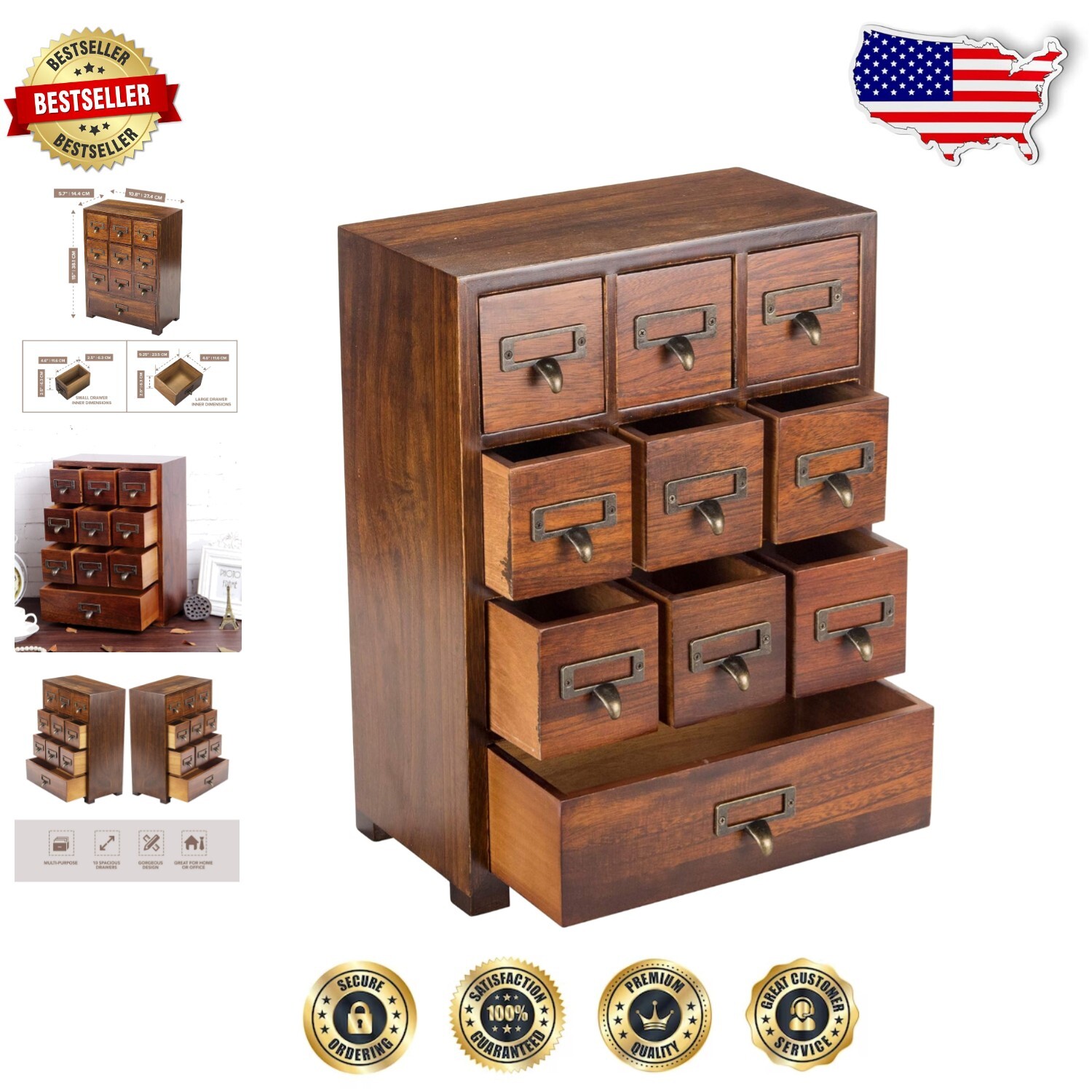Elegant Solid Wood Retro Curio Dresser - 10-Drawer Organizer for Home/Office