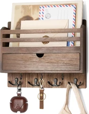 Farmhouse Wood Mail Organizer Wall Mount - Key and Mail Holder for Wall with Sto