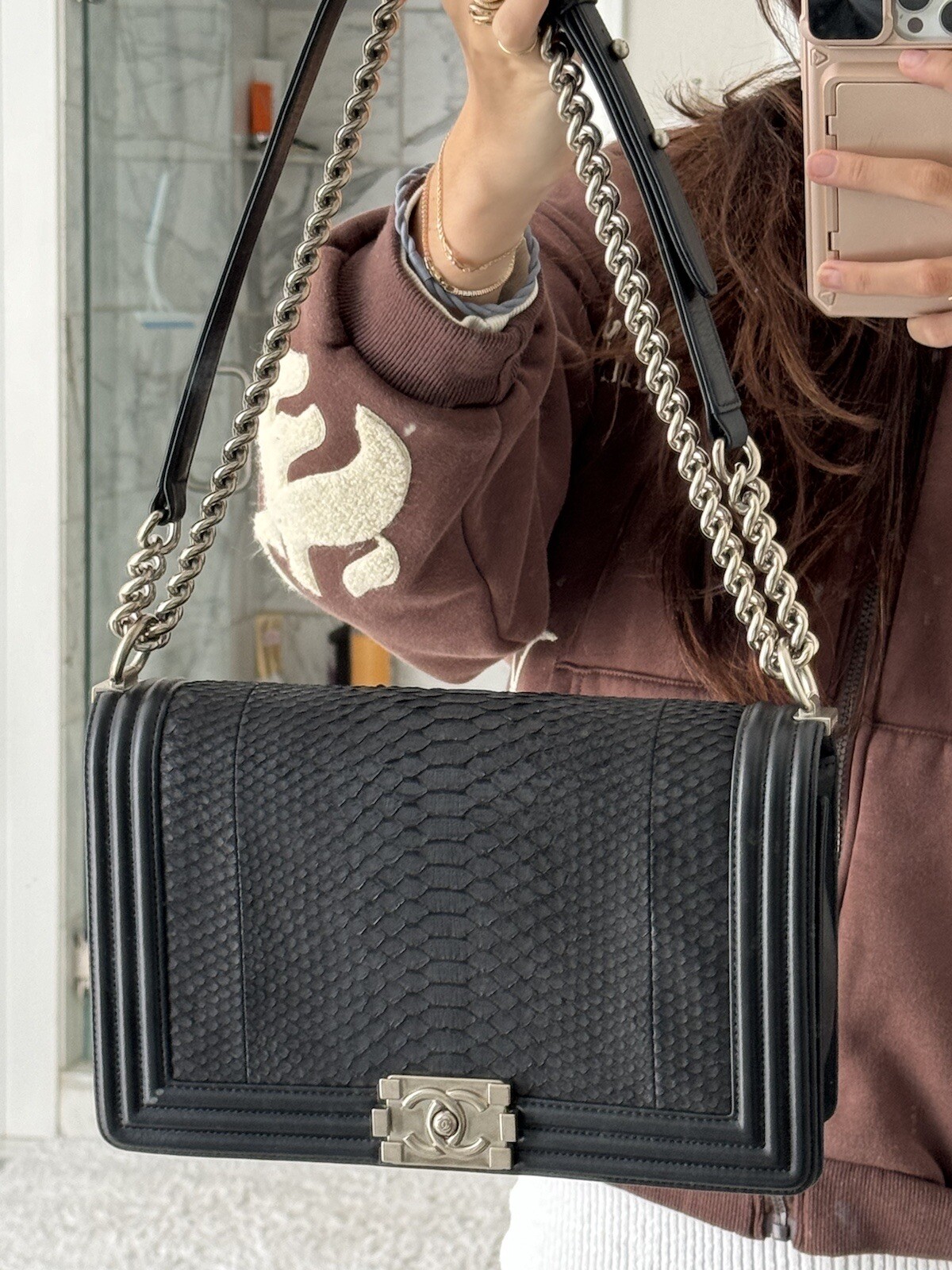 CHANEL BLACK PYTHON BOY BAG SILVER HARDWARE, LARG… - image 10