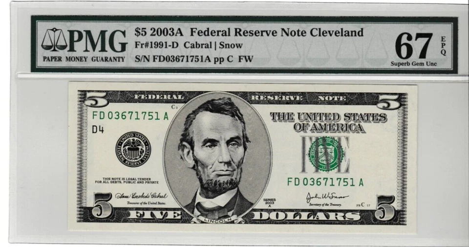 $5 FIVE DOLLAR Federal Reserve Note Serial Numbers FD 03671751 CLEVELAND PMG 67 - Image 3 of 3