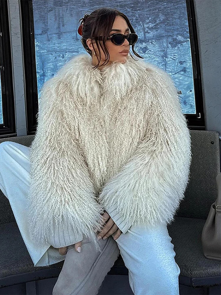 Women's solid color simulated lamb fur coat, artificial fur