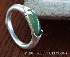 NEW Handmade Bamboo-inspired Natural Nephrite Jade Solid Silver Ring, Size 7.5