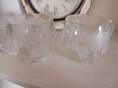 Set Nescafe Etched Glass World Map Globe Coffee Mug Cup Clear Geography Gift New