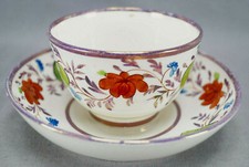 British Enameled Red Blue Floral Pink Luster Pearlware Tea Bowl Saucer C1810
