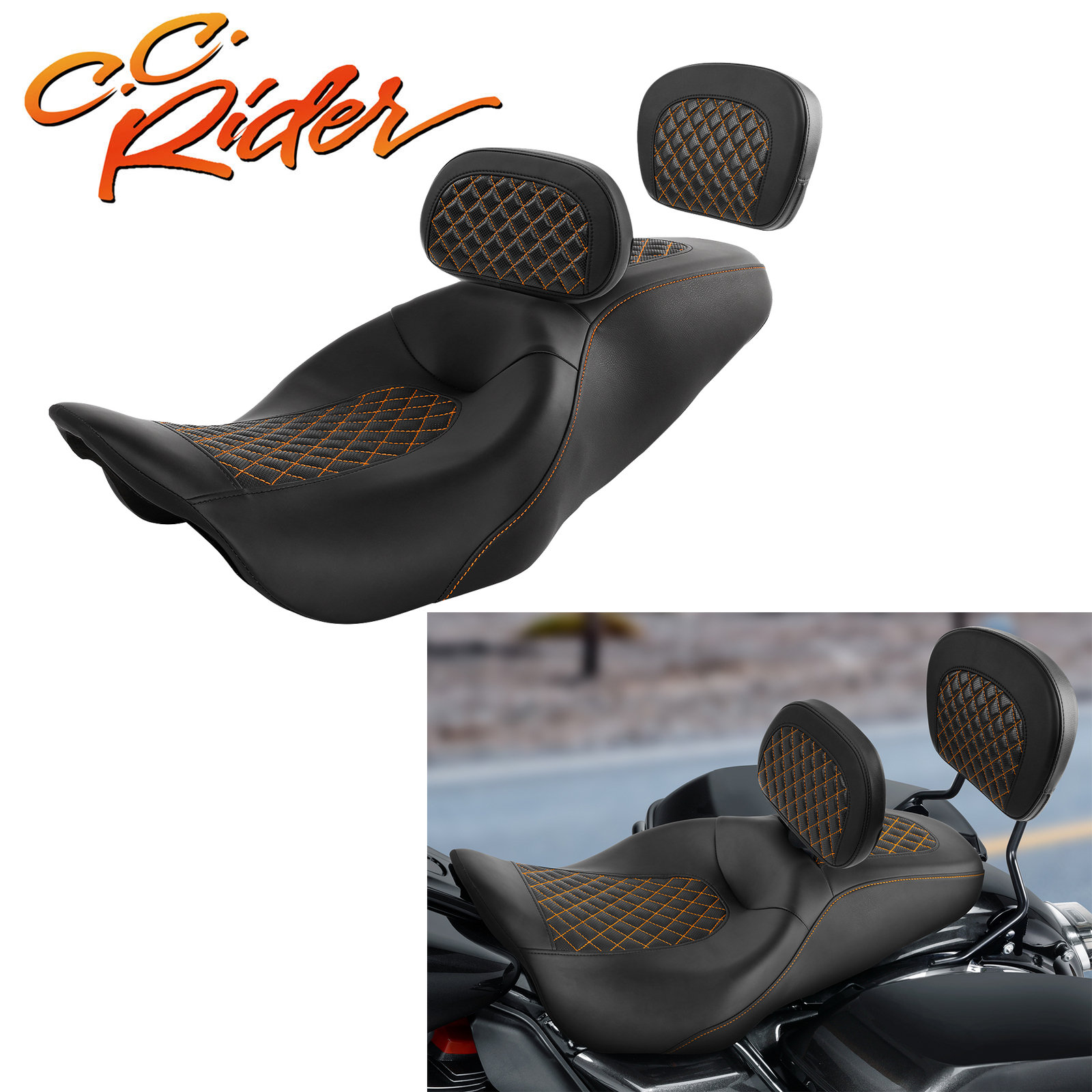 C.C. RIDER Driver Passenger Seat Backrest Pad Fit For Harley Touring 2009-23