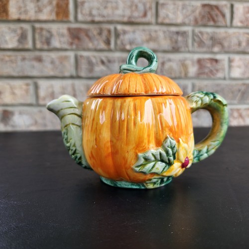 Vintage 1996 Small Handpainted Ceramic Pumpkin Shaped Teapot Fall Leaf Shape Lid