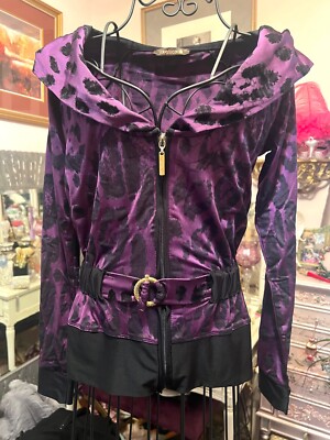 Roberto Cavalli Purple Leopard Hooded Zip Jacket Top Size S/M