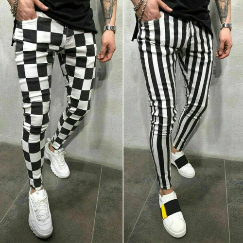 DE uomo a righe a quadri nero bianco pantaloni estivi slim tempo libero comodi pantaloni @ - Foto 7 di 15