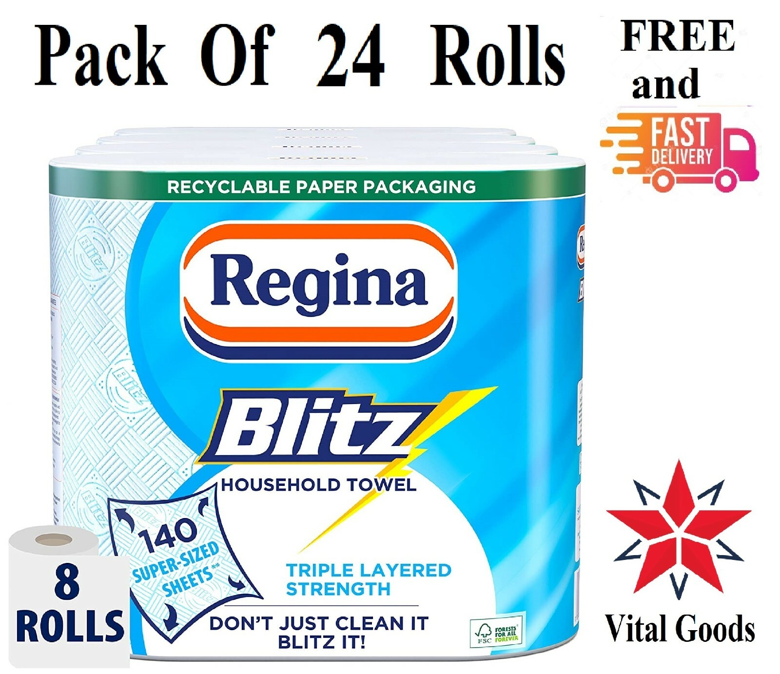 Regina Blitz 3 Ply Kitchen Towel Jumbo Rolls Household Towel 8 12 16
