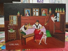 Quadro Naif Cacciatore a tavola con donna e cane. 40x30. Senza vetro e cornice. 