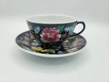Vintage Chinese Porcelain Black Famille Noire Cup Saucer Peonies Flowers Tea