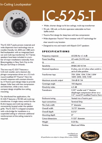 2 Klipsch IC-525-T Commercial Speakers CEILING / WALL Loudspeakers 70/100 Volt - Picture 9 of 14