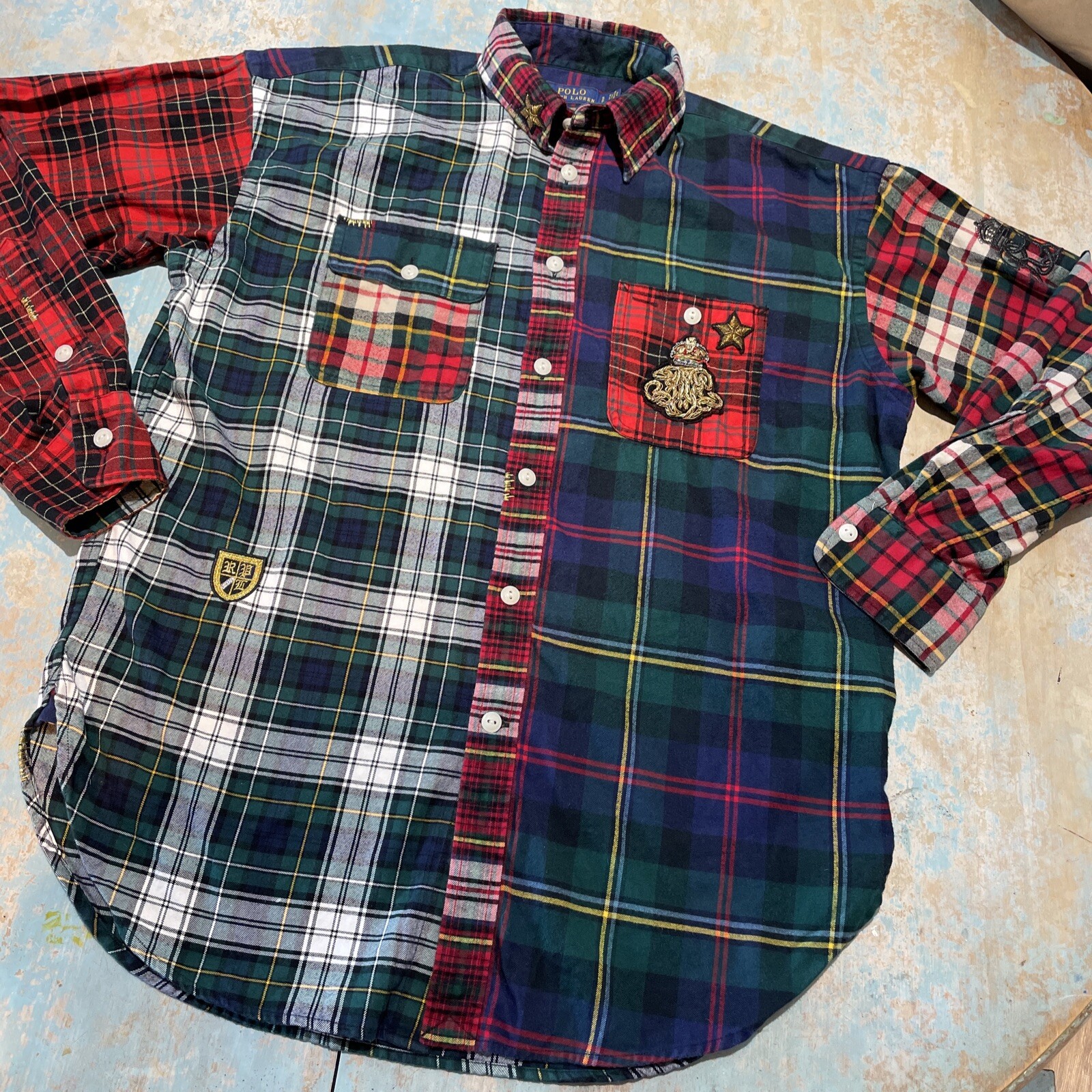 80 rare Polo Ralph Lauren Patchwork flannel crest emblem button up shirt top image 2