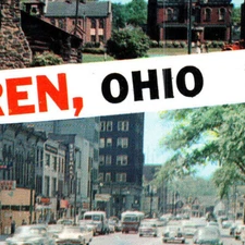 c.1950's Postcard, Warren, OH, Monumental Park, Market Street, Autos, Soldier-A2