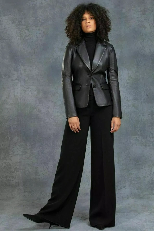 Blazer Traje Formal Negro Calce Ajustado Diseñador Cuero Piel de Cordero Genuino Puro para Mujer Foto 3 de 4