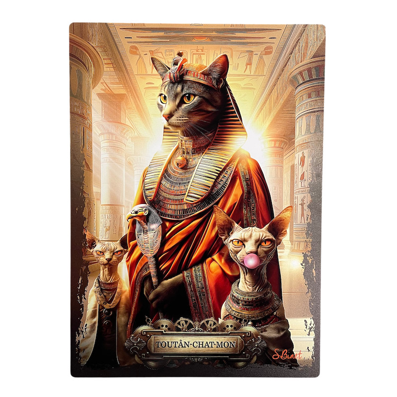 Tableau Toutân-Chat-Mon de Sylvain Binet, deco murale moderne en metal Alu Dibond de dimension 20x28