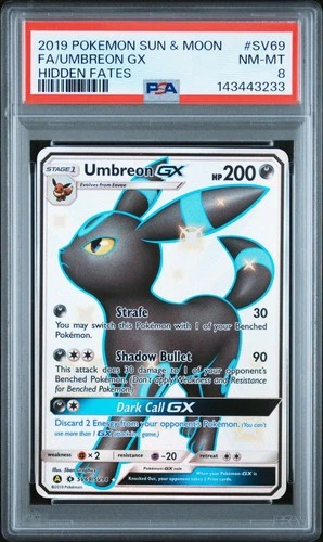 2019 POKEMON SUN & MOON HIDDEN FATES #SV69 FULL ART/UMBREON GX PSA 8