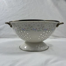 Vintage Enamel Colander By The Cook's Bazaar White With Floral Gold Trim Handle