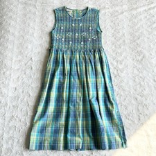 Laura Ashley Dress Girls 9 Blue Green Plaid Floral Mother Child Cottagecore Bow
