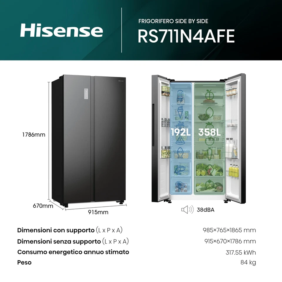 Hisense RS711N4AFE Frigorifero Side by Side Grande capactià 550 litri Nero Total - Immagine 2 di 4