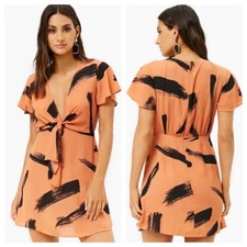 Forever 21 Contemporary Orange Black Brushstroke Tie Front Mini Dress XL Womens