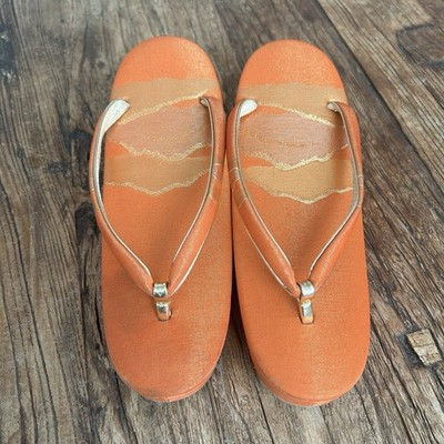 Traditional Japanese Kimono Zori Sandals Orange Gold Brocade Size 6 23cm Geta